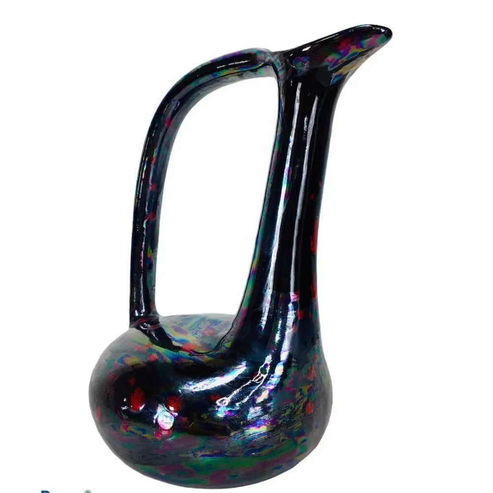 Vintage Black Iridescent Glazed Oil slick Petrol Gothic Bird Ewer Pitcher Vase